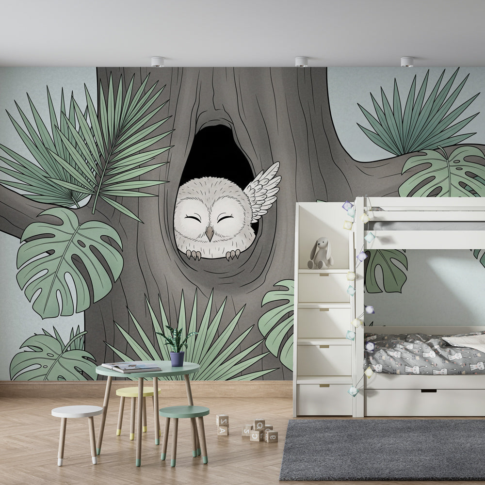 Owl mural wallpaper creating magical forest atmosphere in children's bedroom decor