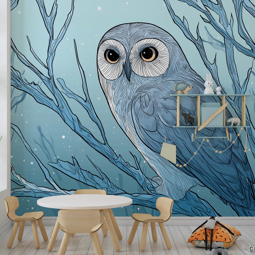 Blue owl wallpaper design transforming kids room into peaceful woodland sanctuary by Kids-Mundo