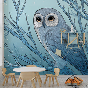 Blue owl wallpaper design transforming kids room into peaceful woodland sanctuary by Kids-Mundo
