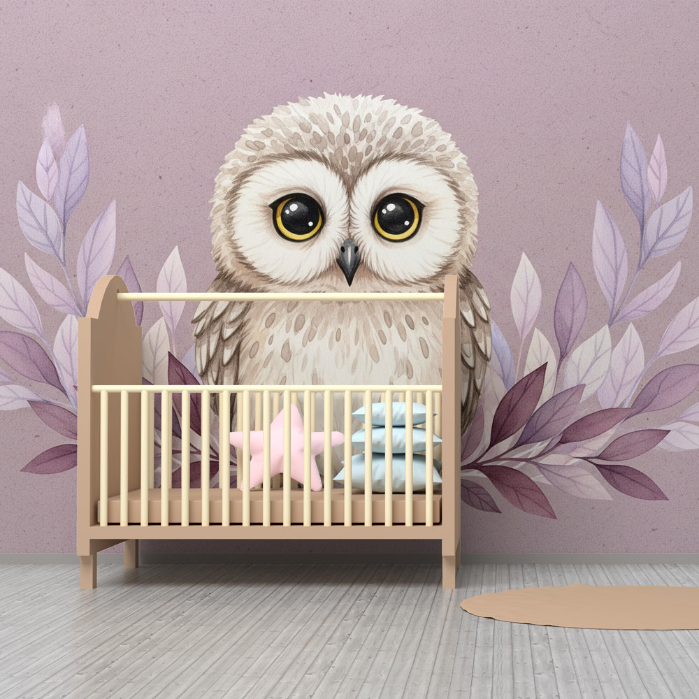 Soft mauve and beige owl mural wallpaper transforming kids room into magical woodland space