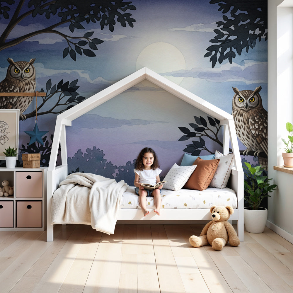 Owl mural wallpaper creating magical moonlit forest atmosphere in modern nursery by Kids-Mundo