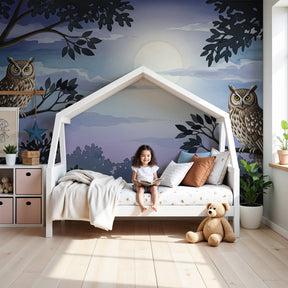 Owl mural wallpaper creating magical moonlit forest atmosphere in modern nursery by Kids-Mundo