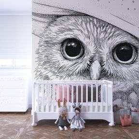 Beautiful owl starry night mural wallpaper complementing wooden nursery furniture by Kids-Mundo