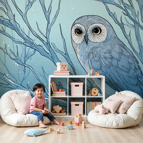 Peaceful owl mural wallpaper in soft blue tones decorating a serene nursery by Kids-Mundo