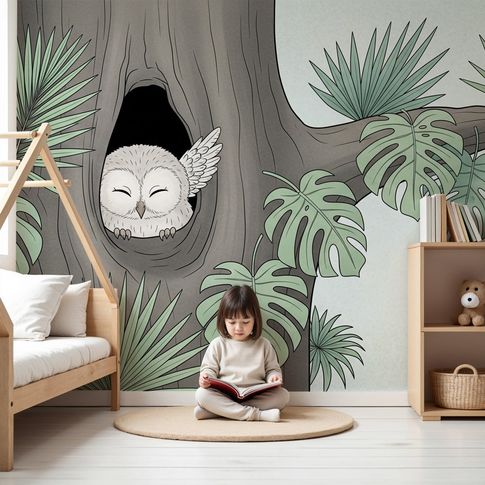 Cute owl tree hollow mural wallpaper in modern nursery room by Kids-Mundo