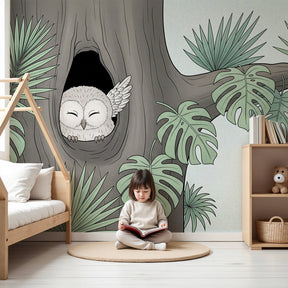 Cute owl tree hollow mural wallpaper in modern nursery room by Kids-Mundo