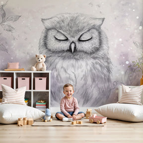 Dreamy owl mural wallpaper creating peaceful nursery atmosphere with soft gray and pink tones by Kids-Mundo