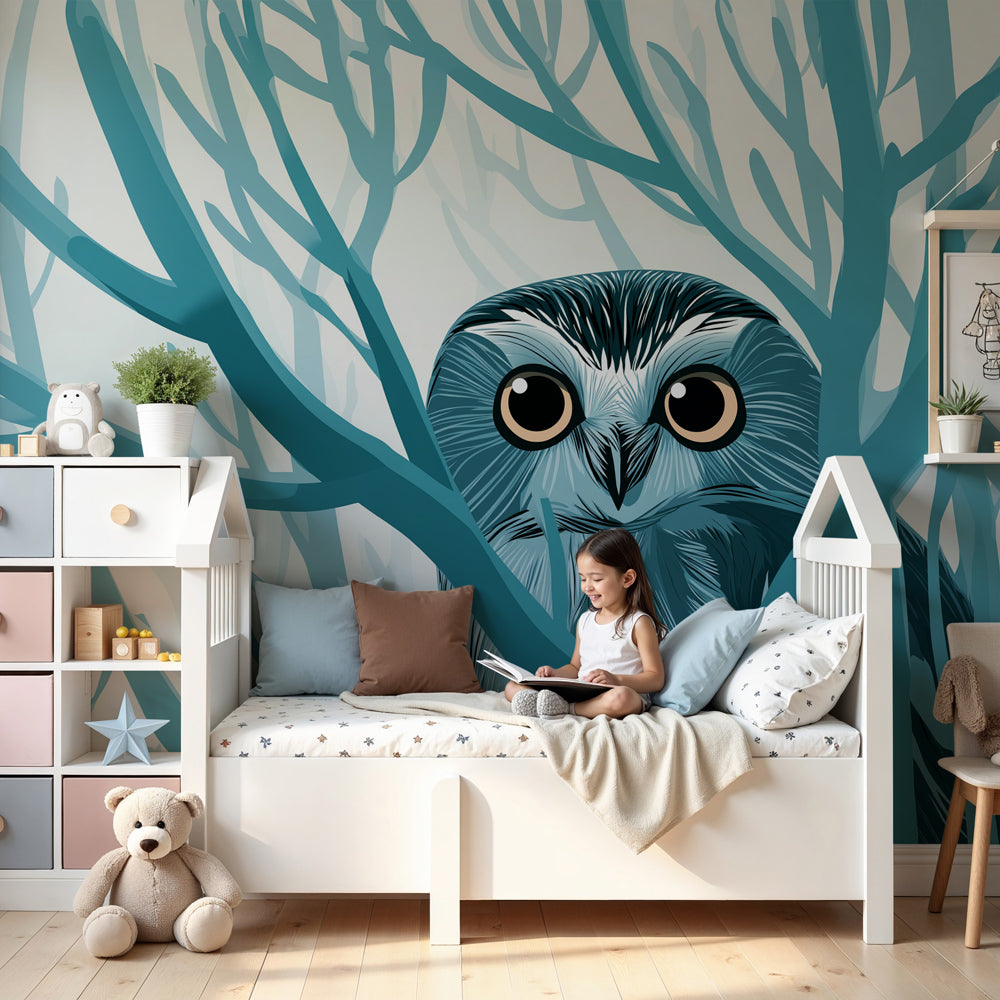 Mystical owl mural wallpaper in modern nursery with blue-green forest branch design by Kids-Mundo