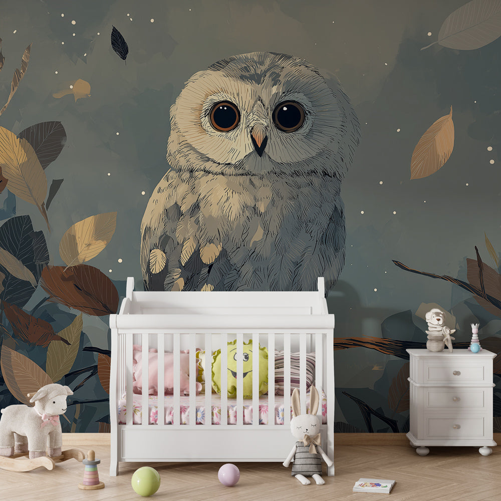 Starlit owl mural wallpaper transforming nursery into magical woodland sanctuary by Kids-Mundo