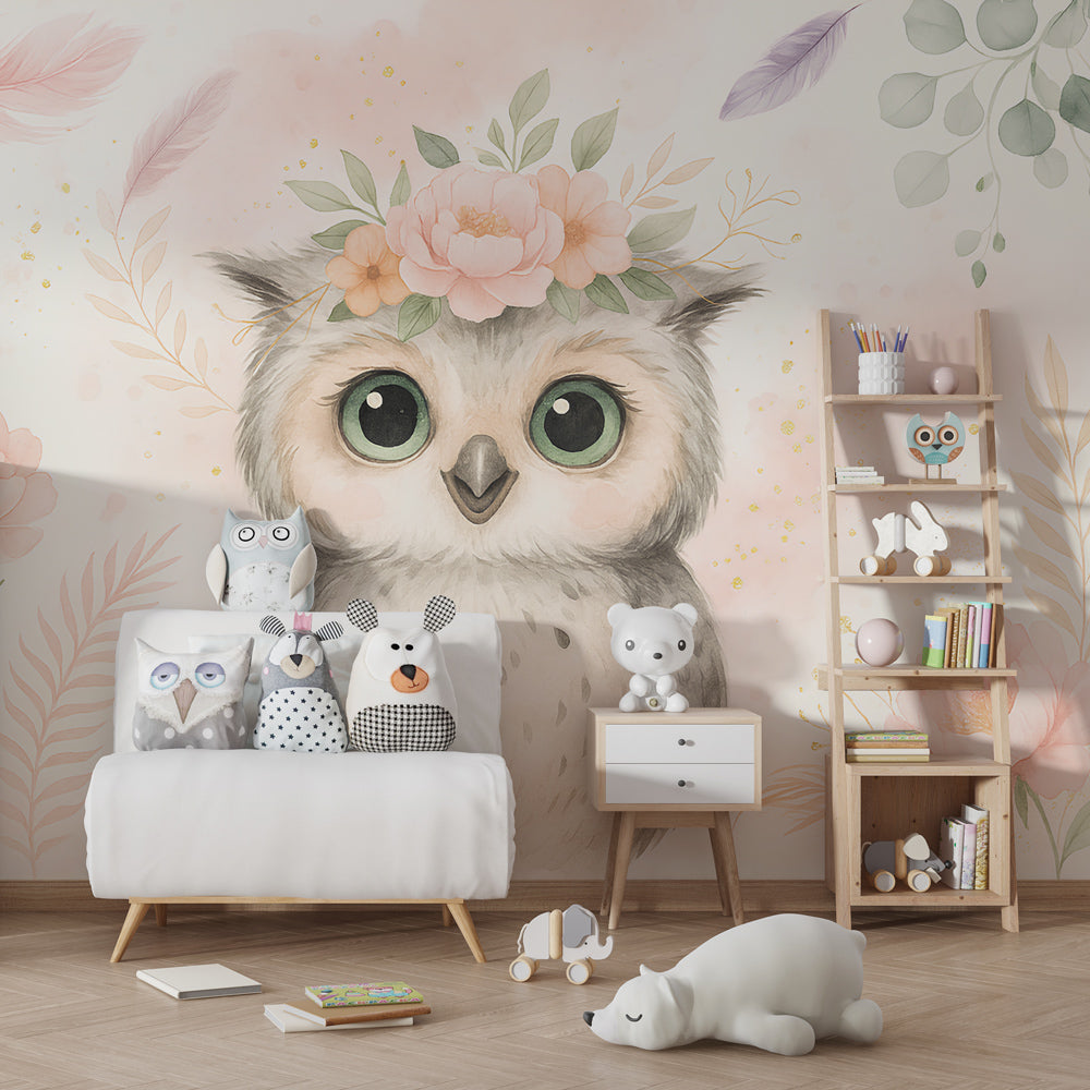 Nature-themed owl wallpaper with soft green foliage in modern kids room by Kids-Mundo