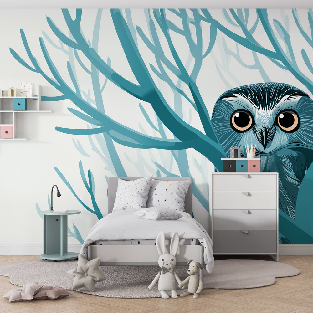 Nature-themed owl mural wallpaper installed in bright kids playroom with natural lighting