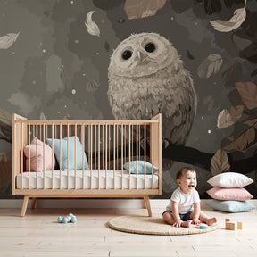 Autumn owl mural wallpaper transforming children's reading corner into peaceful woodland retreat