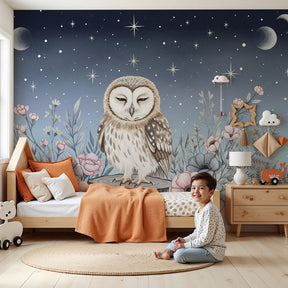 Owl mural wallpaper with starry night sky in modern nursery room by Kids-Mundo