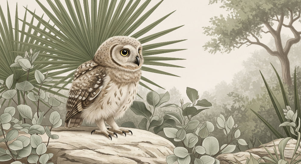 Detailed owl nature mural wallpaper design pattern showing cute owl and tropical plants by Kids-Mundo