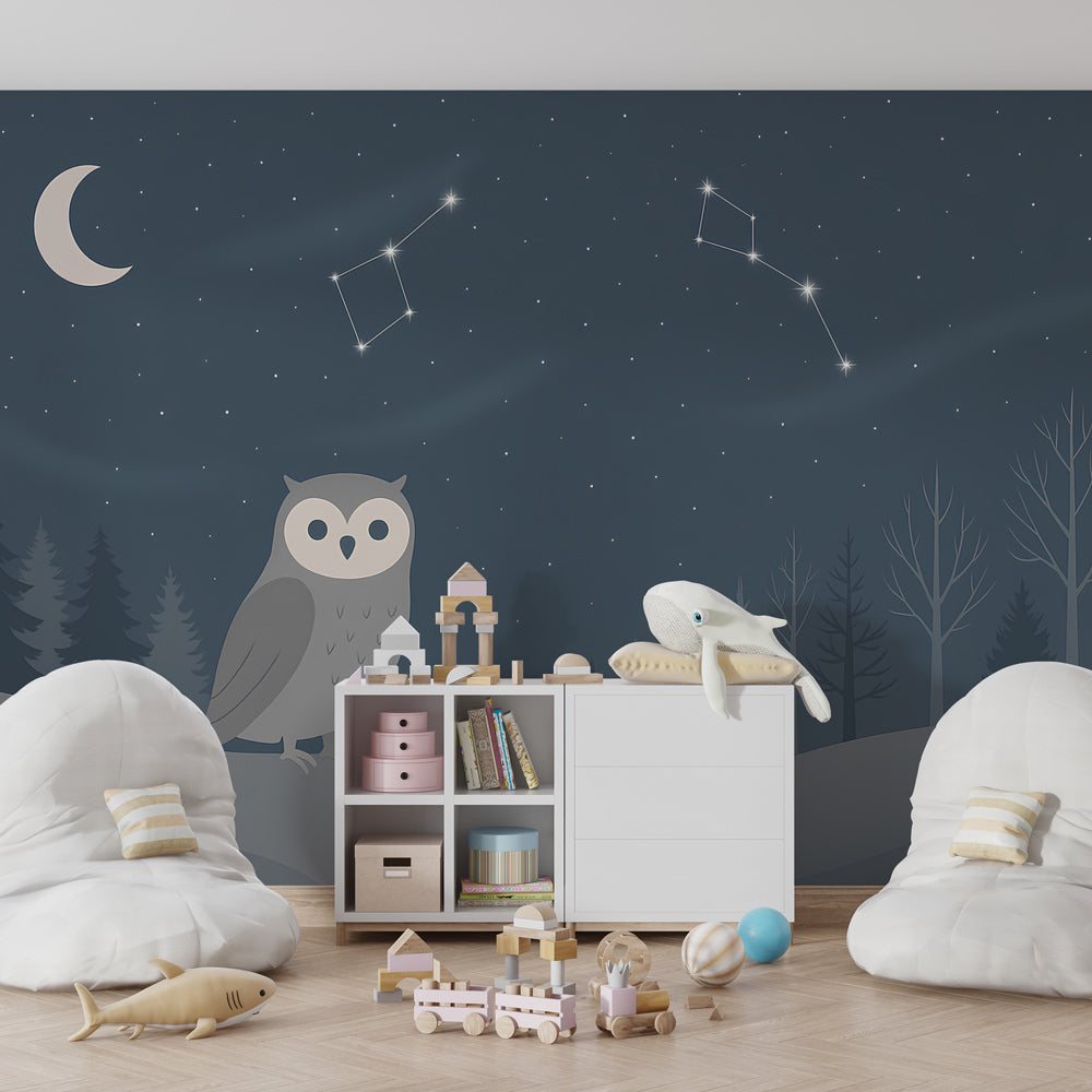 Close-up view of owl and stars mural wallpaper showing detailed nighttime scene for children's rooms