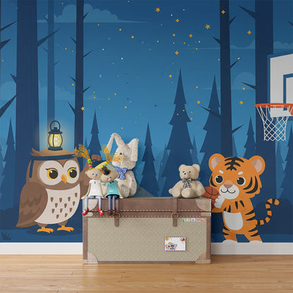 Kids-Mundo starry night basketball wall mural styled on a feature wall in a kids bedroom