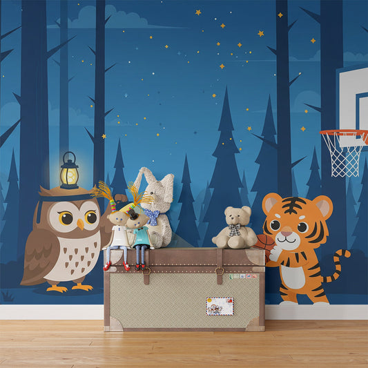 Kids-Mundo starry night basketball wall mural styled on a feature wall in a kids bedroom