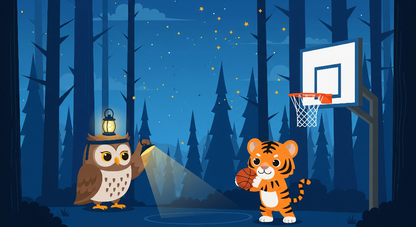 Kids-Mundo flat artwork of an owl with a lantern and a tiger cub holding a basketball under starry skies