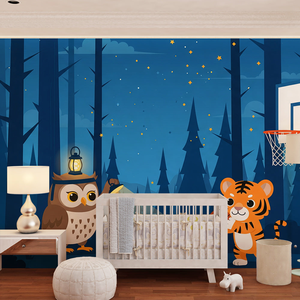 Kids-Mundo owl and tiger basketball wall mural covering a full wall in a playroom