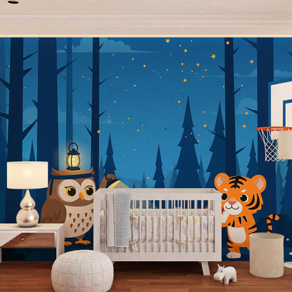 Kids-Mundo owl and tiger basketball wall mural covering a full wall in a playroom
