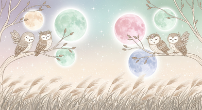 Kids-Mundo flat artwork of sleepy owl pairs perched beneath glowing pastel moons over wheat