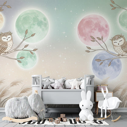 Kids-Mundo owls under moons wall mural bringing a calm night scene to a children's playroom