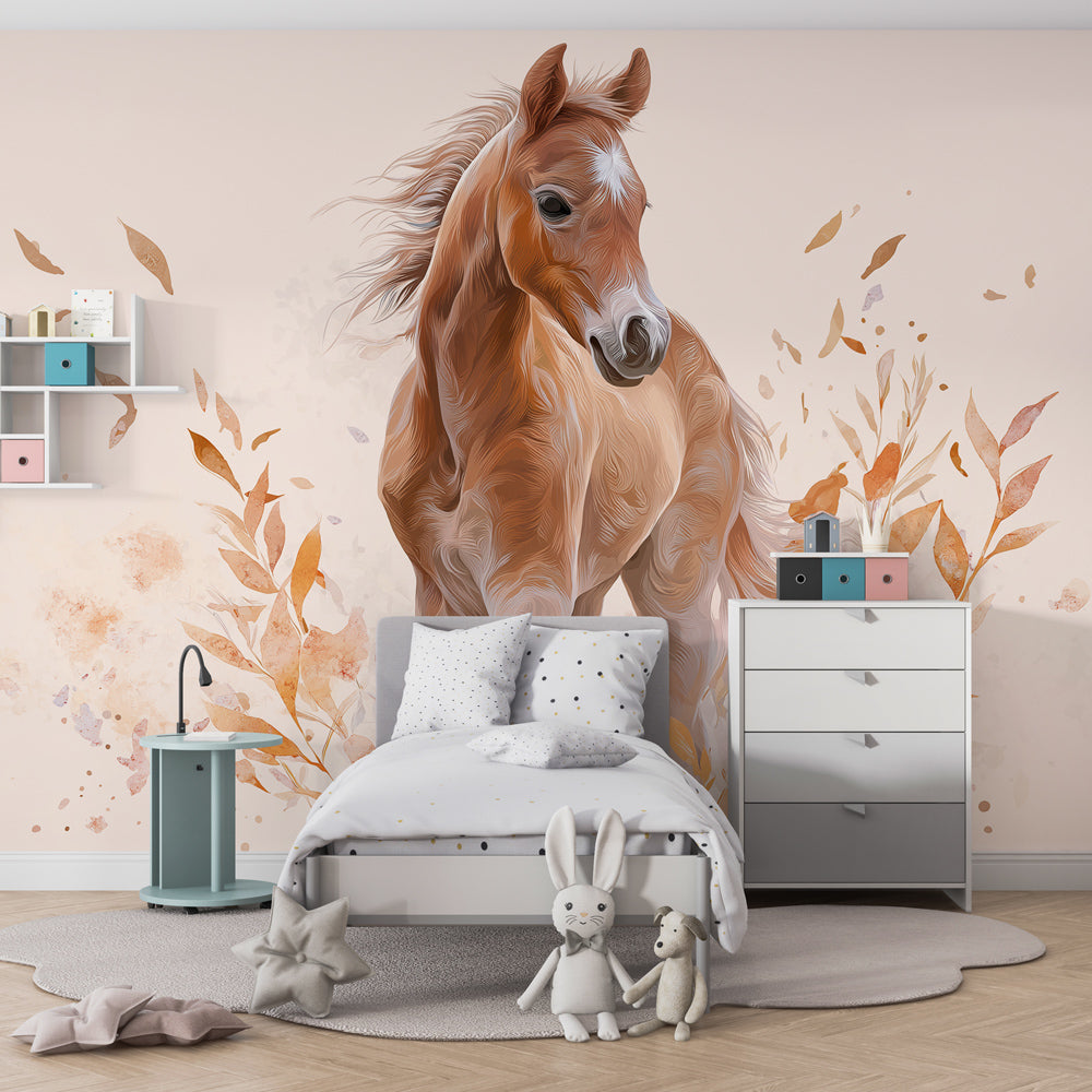 Kids-Mundo painterly horse wall mural bringing gentle elegance to a kids' playroom