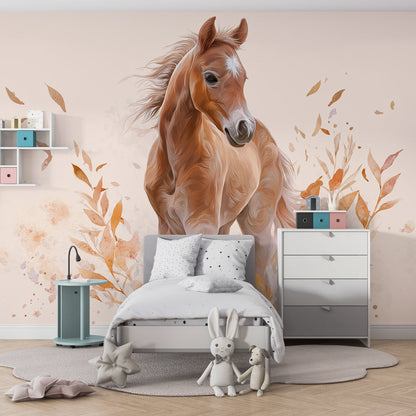 Kids-Mundo painterly horse wall mural bringing gentle elegance to a kids' playroom