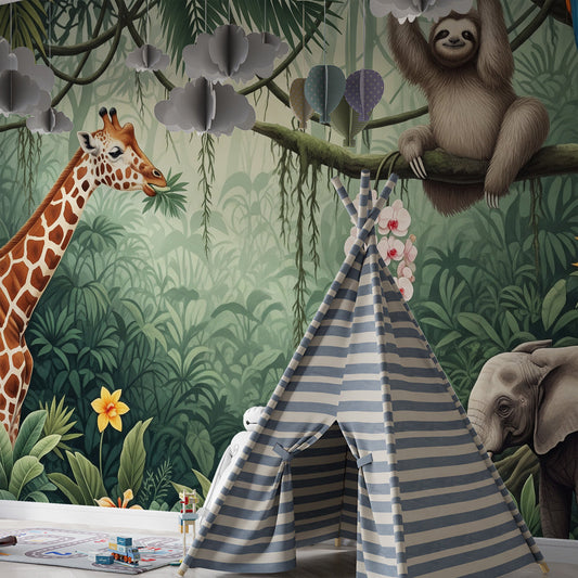 Kids-Mundo jungle giraffe and elephant wall mural featured in a kids bedroom