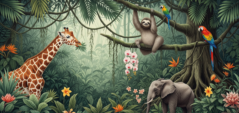 Painterly Jungle Giraffe, Sloth and Elephant Wall Mural