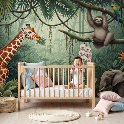 Kids-Mundo painterly jungle wall mural with giraffe and sloth in a stylish nursery
