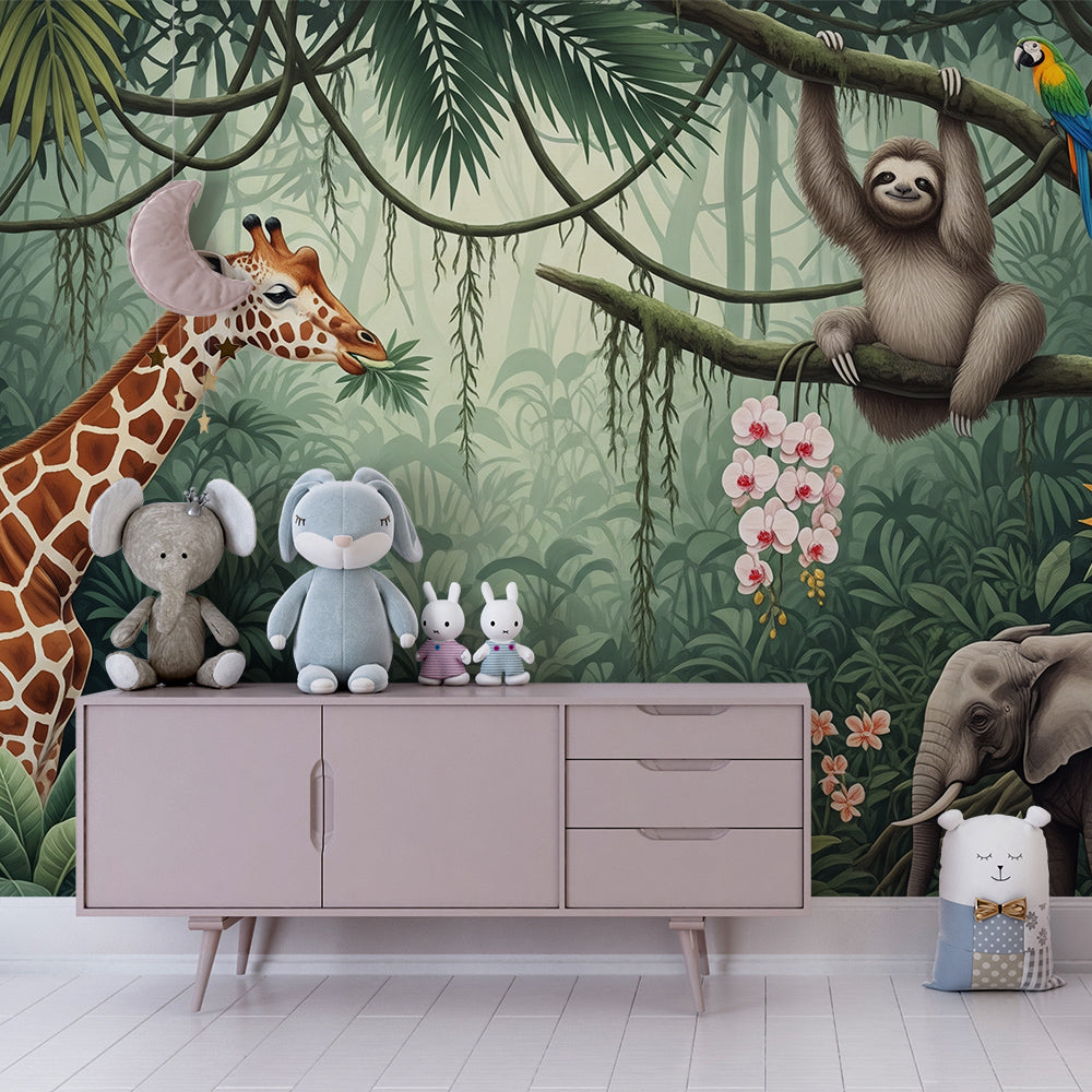 Kids-Mundo painterly jungle wall mural with macaws brightening a playroom wall