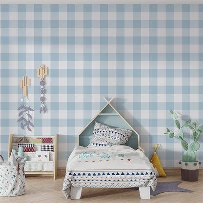 Kids-Mundo gingham check wall mural behind a bed in a cosy kids' bedroom setting