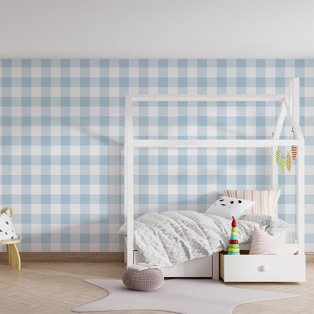 Kids-Mundo pale blue gingham wall mural brightening a playroom with soft, calm colour