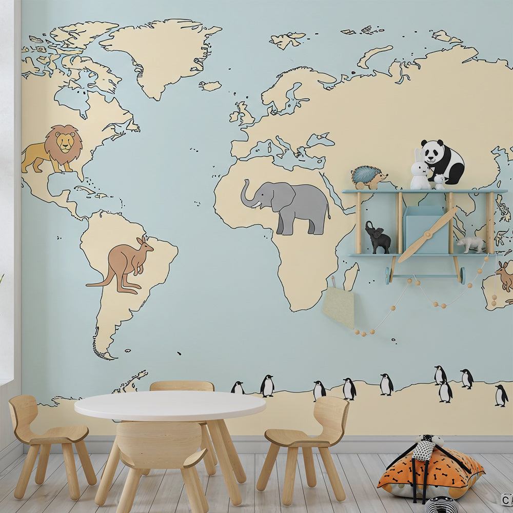 Kids-Mundo pale yellow world map mural with lion and elephant in a kids bedroom