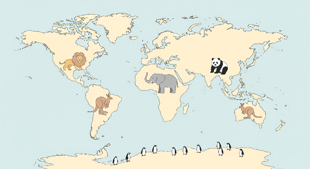 Kids-Mundo pale yellow world map artwork featuring a lion, elephant, panda and kangaroos