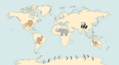 Kids-Mundo pale yellow world map artwork featuring a lion, elephant, panda and kangaroos