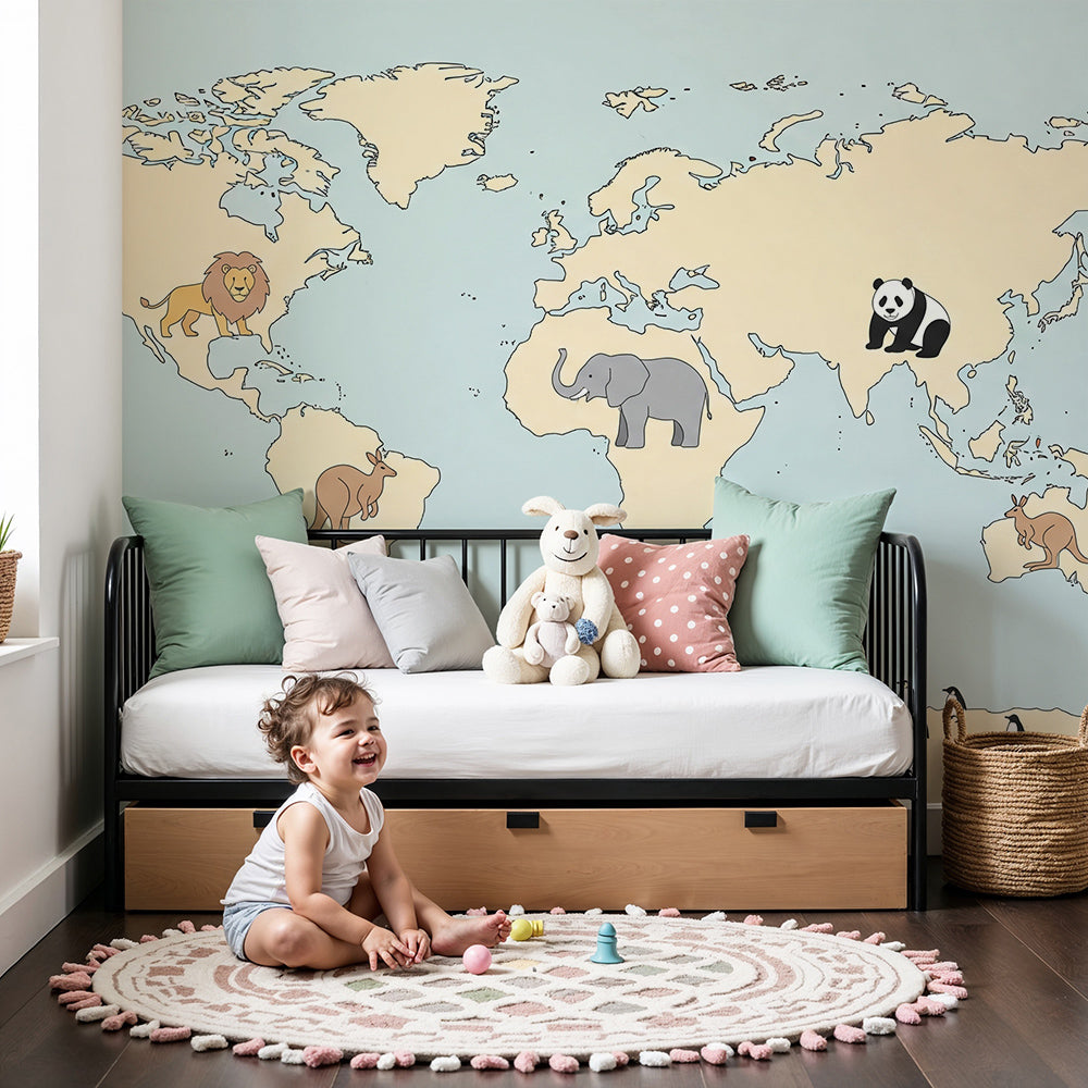 Kids-Mundo pale yellow world map wall mural in a soft blue nursery with cot