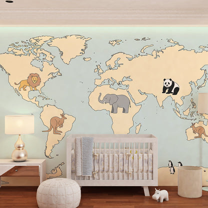 Kids-Mundo pale yellow safari world map mural in a bright children's playroom