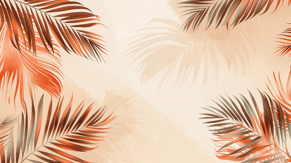 Detailed tropical palm leaf mural wallpaper design pattern in warm orange and beige tones by Kids-Mundo
