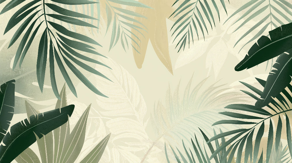 Detailed palm leaf mural wallpaper design pattern showing delicate green botanical motifs