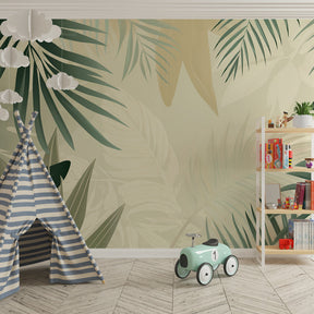 Delicate botanical wallpaper with palm fronds in kids room interior by Kids-Mundo