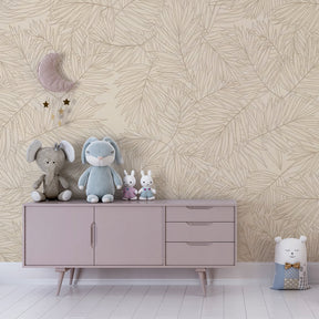 Elegant palm leaf wallpaper in modern kids bedroom with natural decor elements