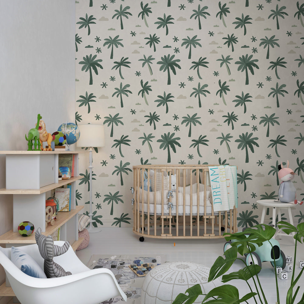Palm tree wallpaper transforming kids bedroom into peaceful tropical paradise with cloud motifs