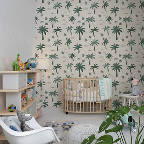 Palm tree wallpaper transforming kids bedroom into peaceful tropical paradise with cloud motifs