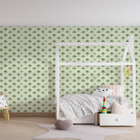 Tropical palm wallpaper creating serene children's bedroom decor with natural wood furniture