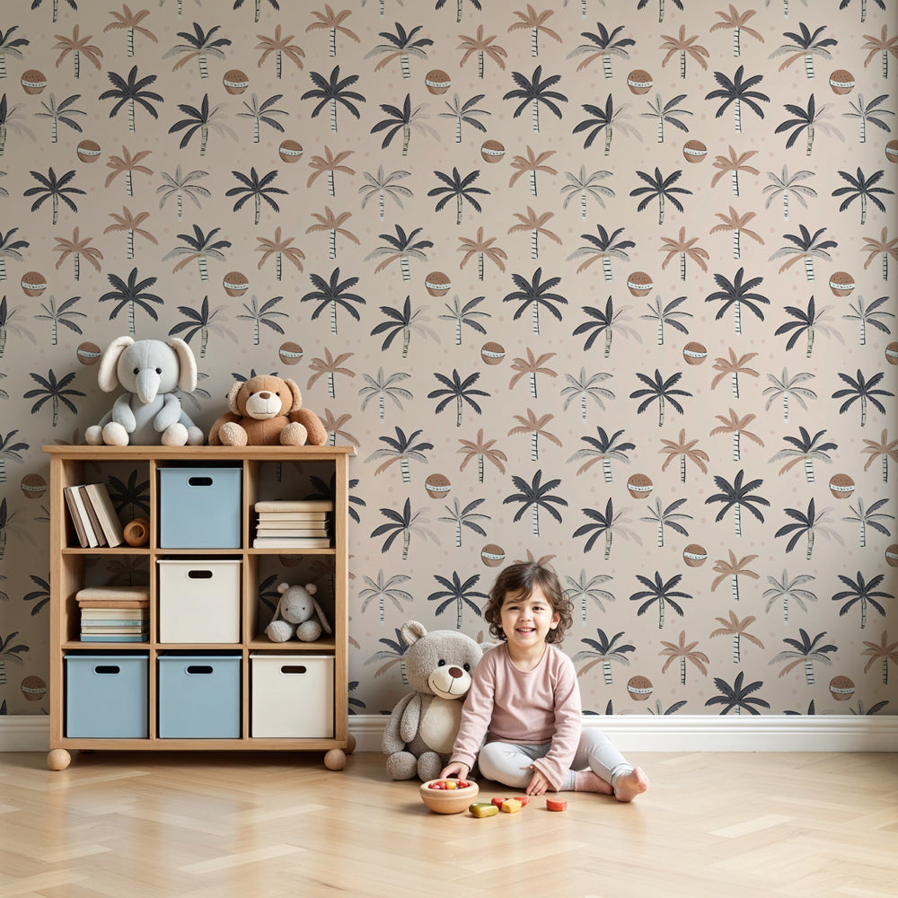 Palm tree mural wallpaper creating tropical atmosphere in modern kids nursery by Kids-Mundo
