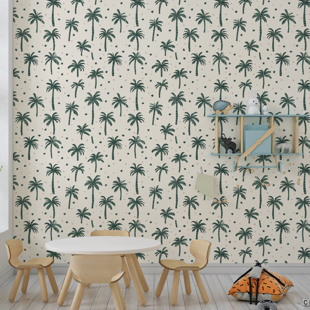 Kids playroom featuring exotic palm tree mural wallpaper with natural green and cream tones
