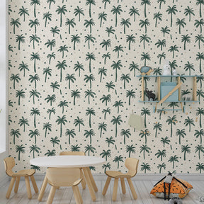 Kids playroom featuring exotic palm tree mural wallpaper with natural green and cream tones