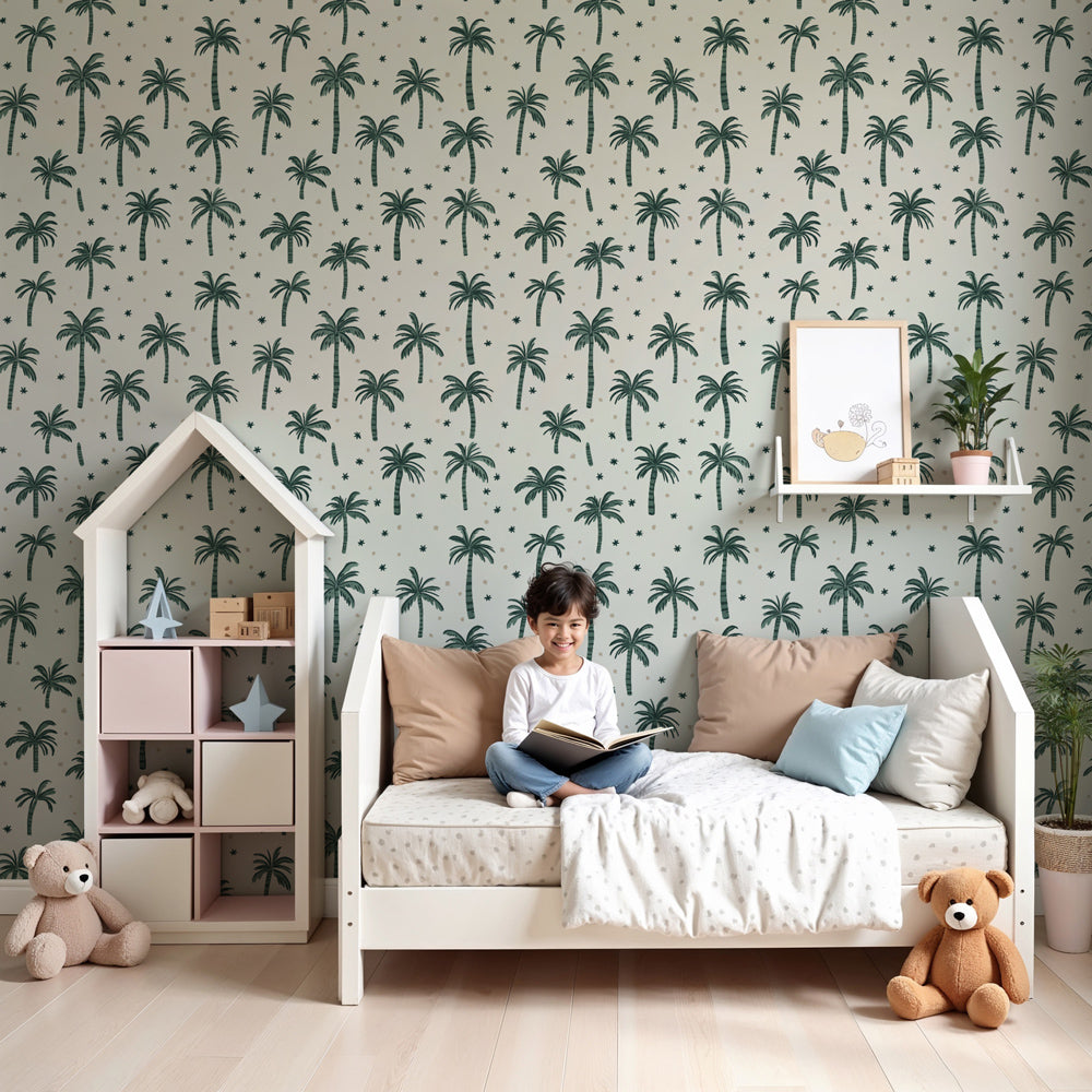 Exotic palm tree mural wallpaper creating tropical paradise in modern kids nursery by Kids-Mundo